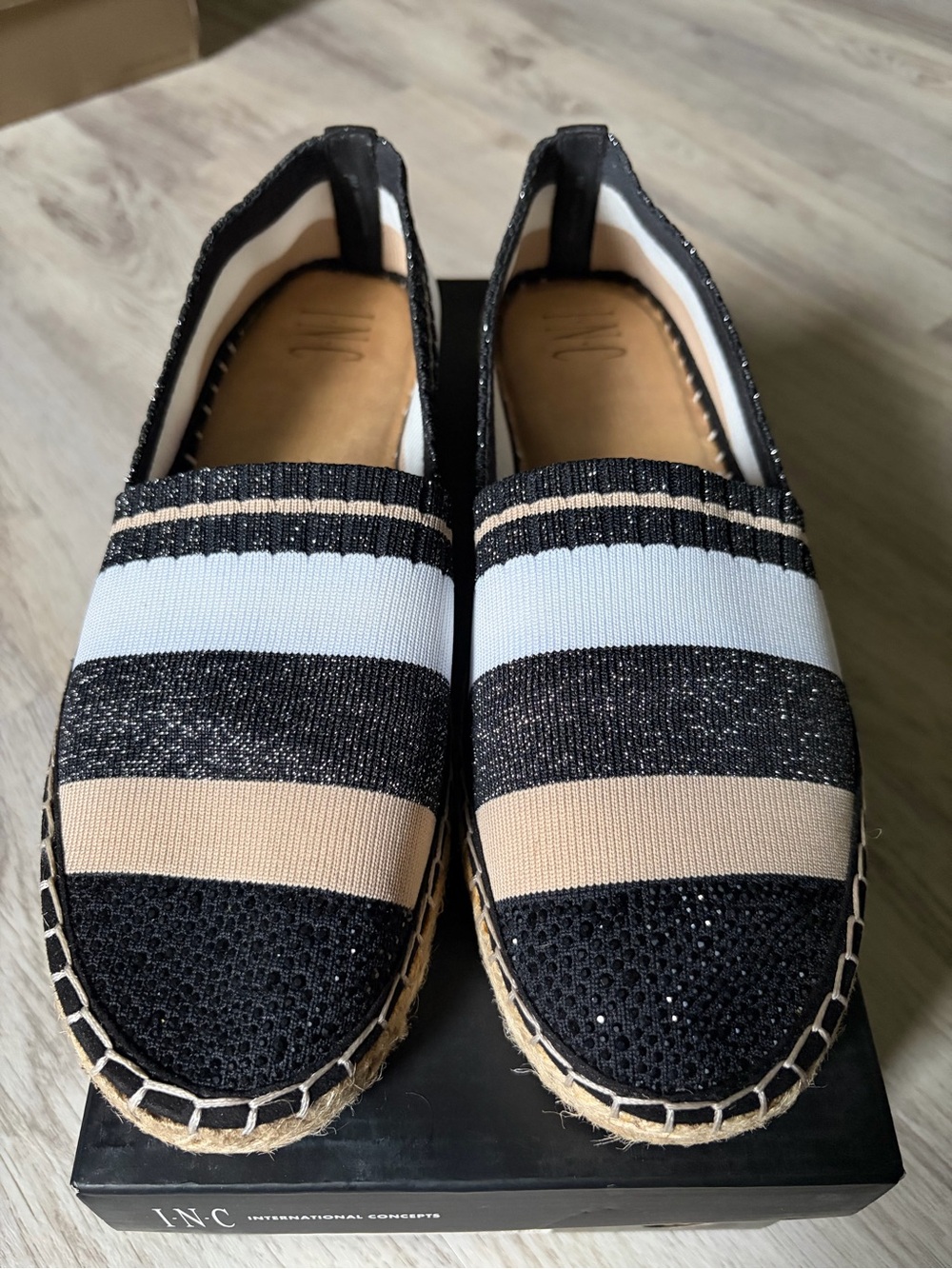 INC International Concepts Black, White & Beige Striped Espadrille Flats